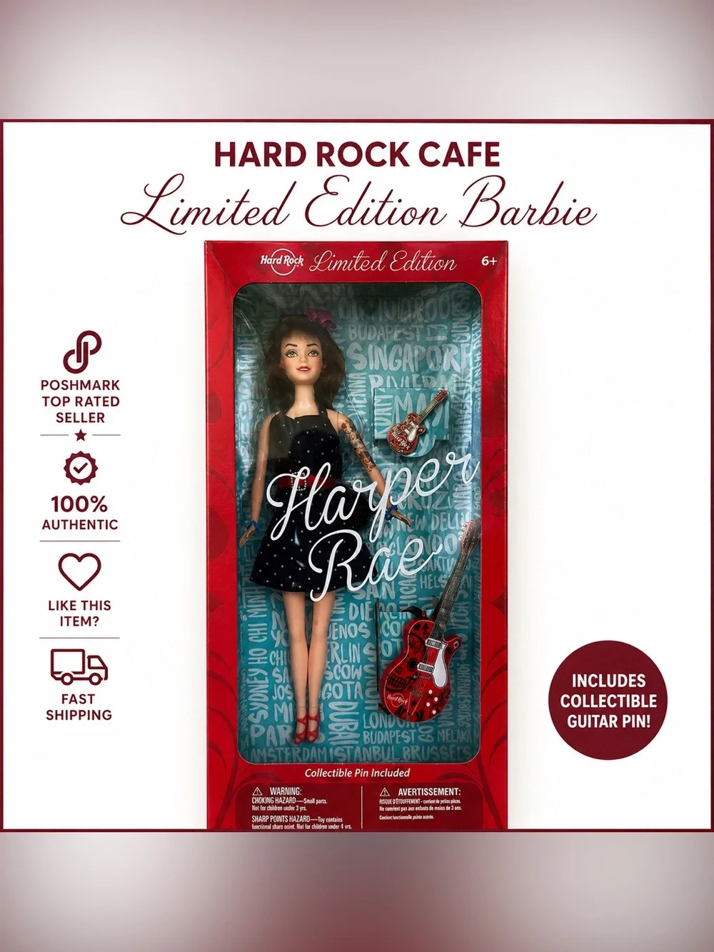 Hard Rock Cafe Limited Edition Barbie Doll NRFB w Guitar Pin - RARE FIND - Picture 3 of 5